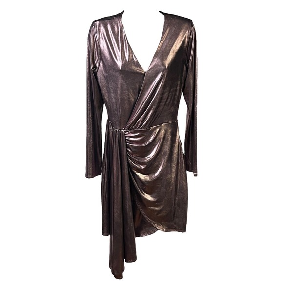 Cache Mini Dress Shiny Dark Purple Ruched V Neck Party Glam Shimmer Chic Size 4 - Picture 3 of 16